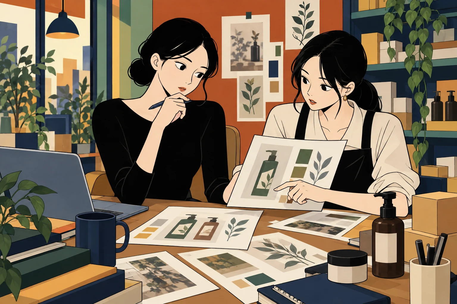 商品説明と下書きを同僚と照合する担当者。