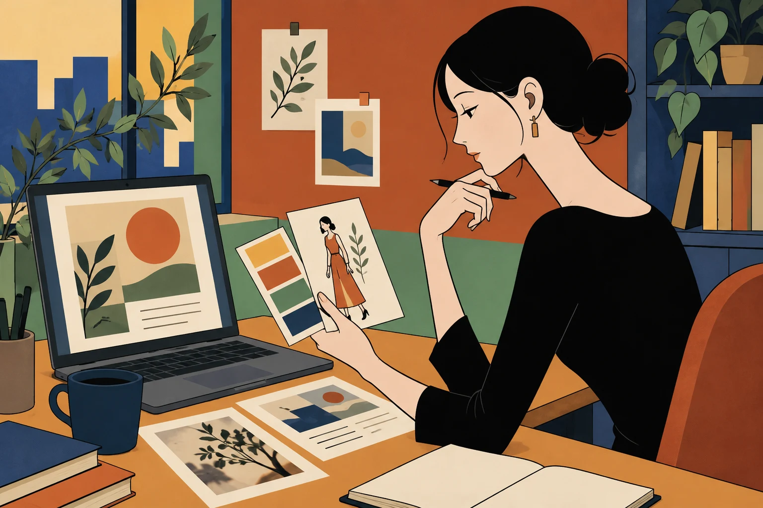画像の用途に合わせて参考絵と配色を選ぶ担当者。