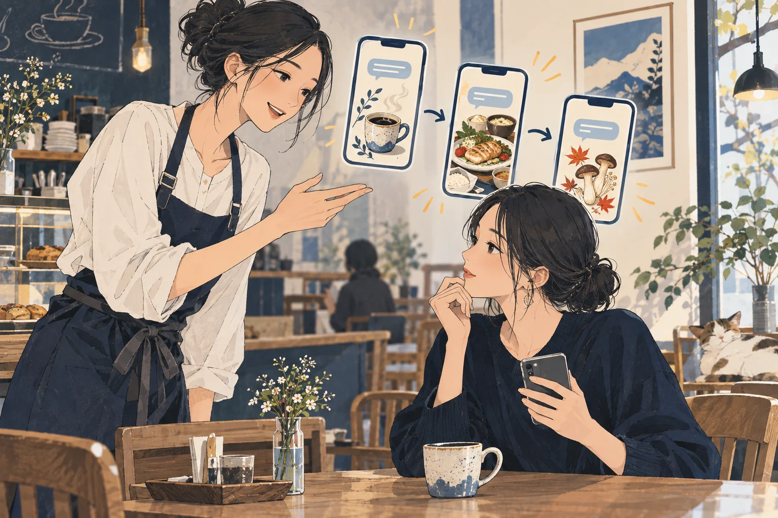 店のメニューを見て次の来店を考えるお客さまと、配信内容を整理する店舗担当者の説明用イラスト。