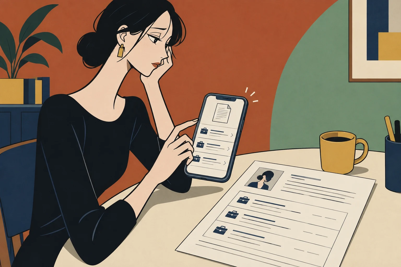 履歴書を添付した求職者が、スマートフォンの応募フォームで同じ職歴を再入力するよう求められ、困惑している説明用イラスト。