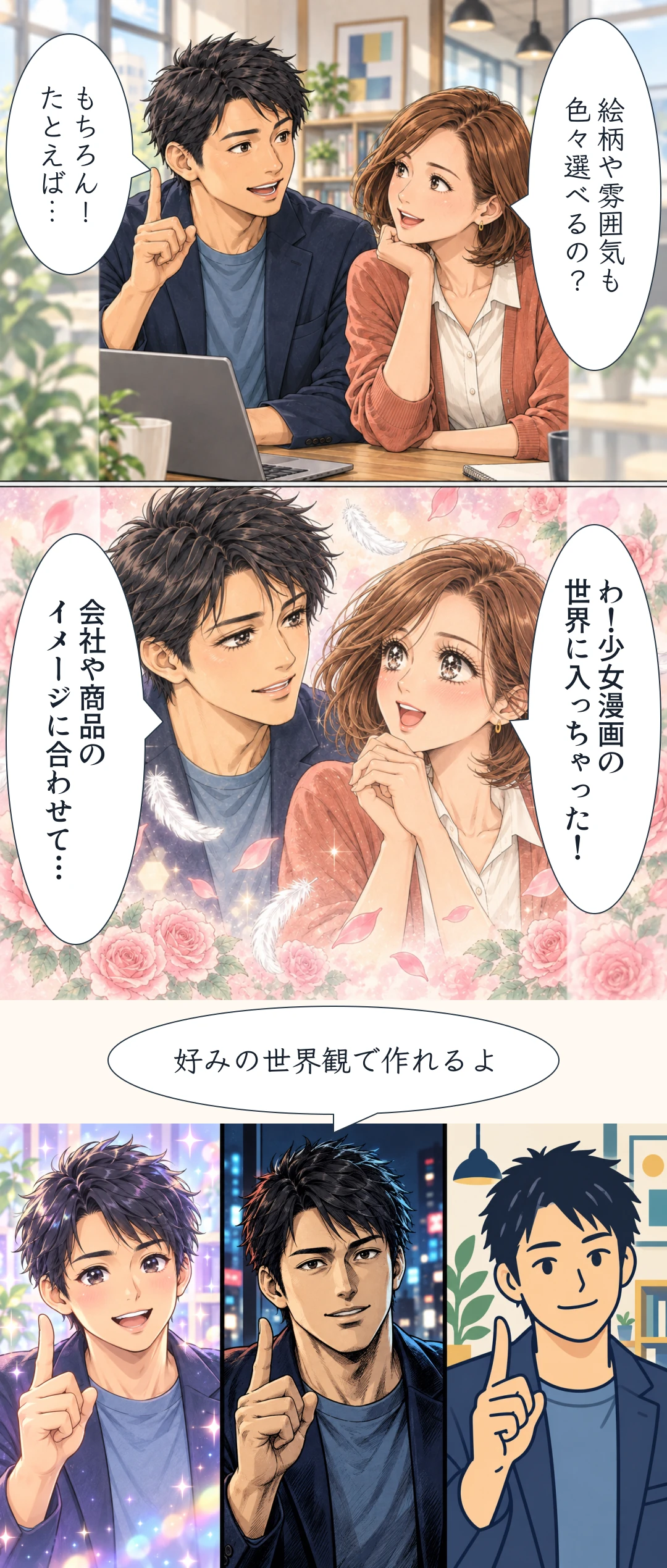 女性が絵柄を選べるか尋ね、二人が80年代少女漫画へ変身。男性を左からSNSイラスト、中央ダーク青年漫画、右太線フラットの3種類で比べる漫画。